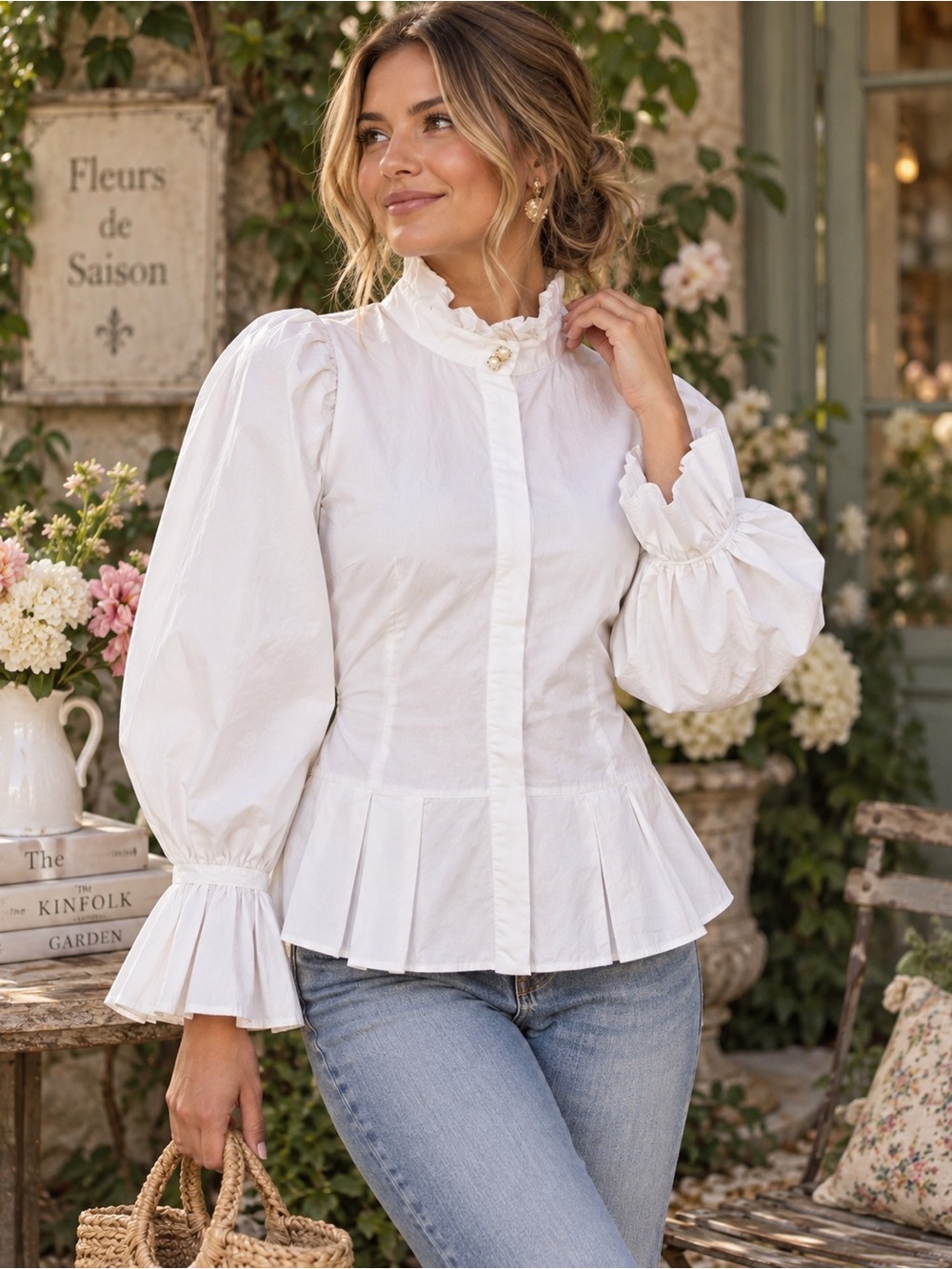 Beulah Style White Ruffle High Neck Pleated Hem Blouse Size Large
